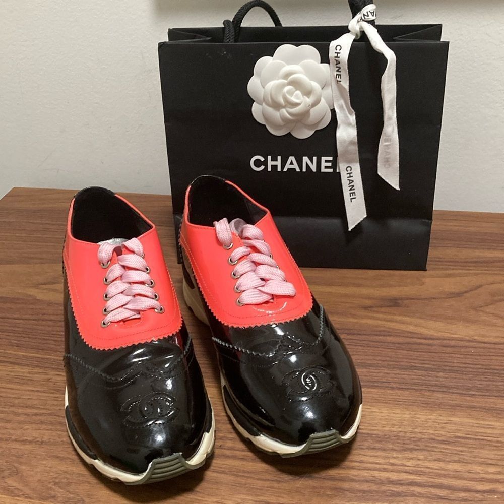 CHANEL Black Patent & Red Sneakers with Pink Laces